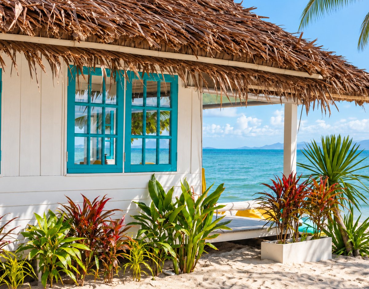 A thatched beachfront bungalow beside the turquoise sea at Sand Terrace.